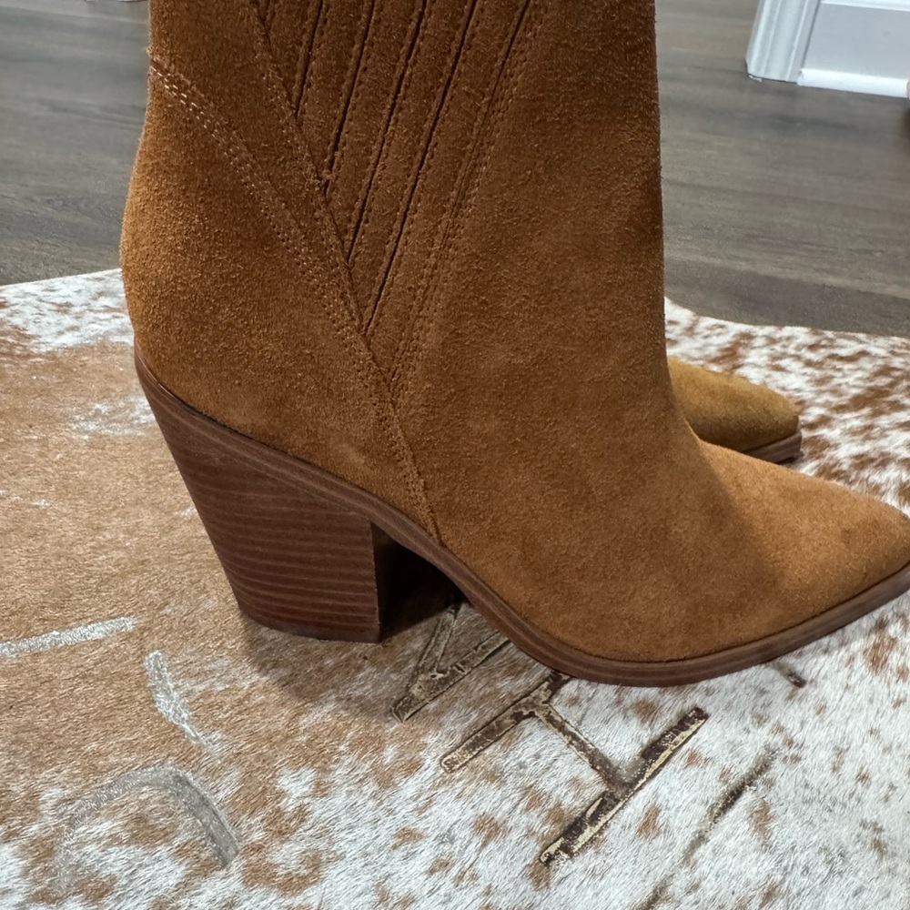 Marc Fisher Tan Suede Pointed Toe Block Heel Ankle Boots